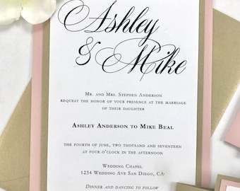 Blush Pink & Gold Wedding Invitations: Classic Calligraphy Script