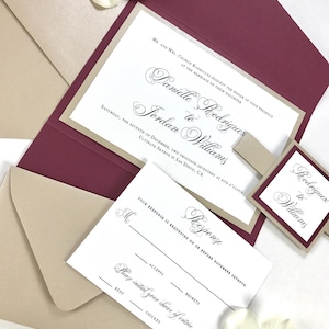 Beautiful Burgundy Wedding Invites, Burgundy Red and Beige Pearlescent Wedding Invitation Package with Pocket Card Envelopes and Belly Band