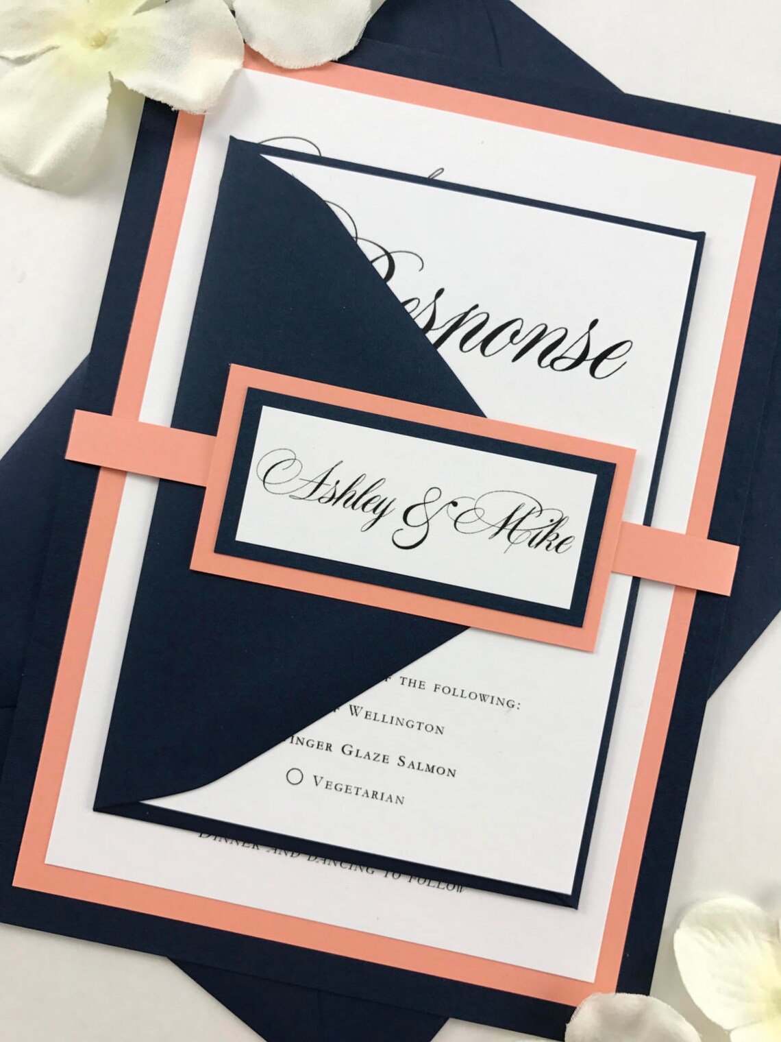 Beautiful Navy and Coral Wedding Invitation Set Dark Blue and Etsy
