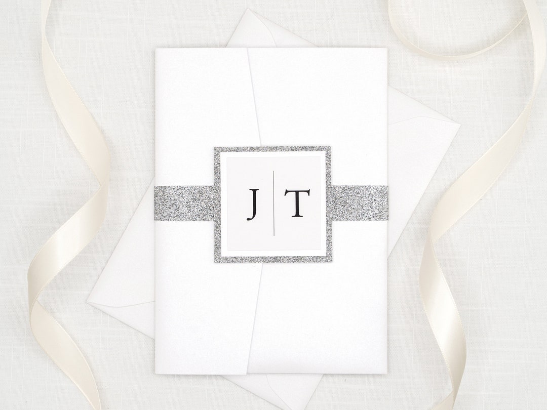 Elegant White Wedding Invitation Set: Glitter Silver Belly Band - Etsy