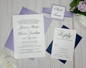 Lavender & Navy Wedding Invitations: Elegant Traditional Design