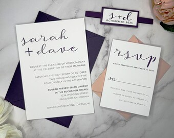 Minimalist Wedding Invitations: Pink & Purple, QR Code RSVP