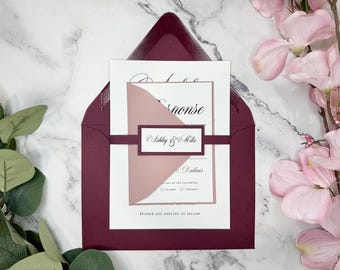 Burgundy and Dusty Rose Wedding Invitations: Elegant RSVP Set
