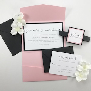 Pink Pocket Invitation,  Rose and Black Modern Elegant Wedding Invitations, Flowing Script, pocket invitation with belly band and monogram