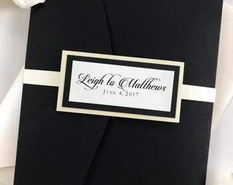 Black Wedding Invitation Suite: Elegant Calligraphy, Pocket Folder