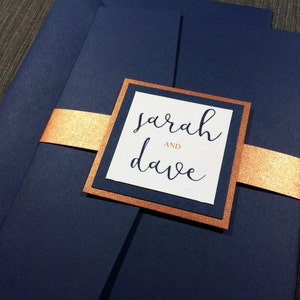 Navy and Copper Wedding Invitations, Calligraphy Navy Wedding, Copper Shimmer Wedding Invitation, Gold, Monogram, Belly Band, Pocket