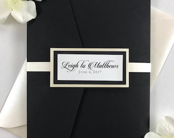 Black & Ivory Pocket Wedding Invitation Suite: Calligraphy Script