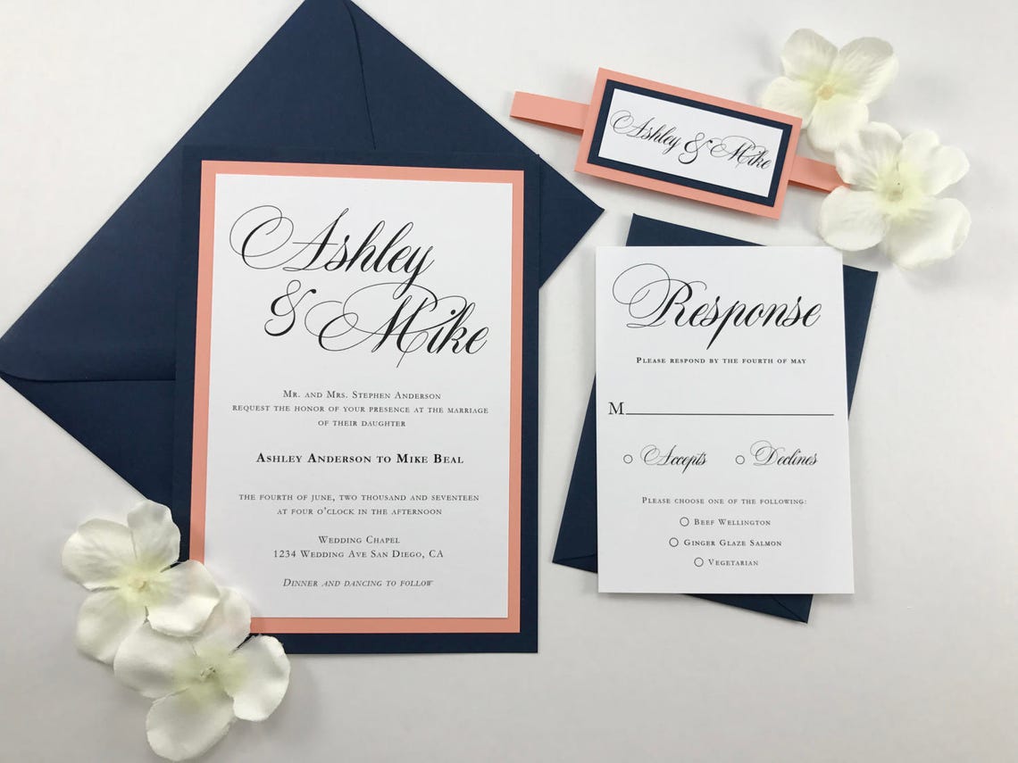 Beautiful Navy and Coral Wedding Invitation Set Dark Blue and Etsy