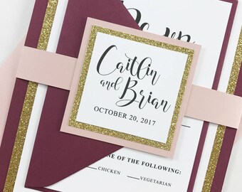 Burgundy Glitter Gold Wedding Invitation Suite: Modern Calligraphy