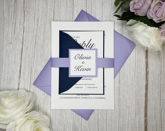 Lavender Wedding Invitation Suite: Navy Accent, QR Code RSVP