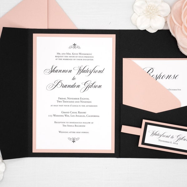 BLACK AND PINK Wedding Invitations, Beautiful traditional wedding invites in Black and Light Pink, Elegant Script Font Pocket Invitation