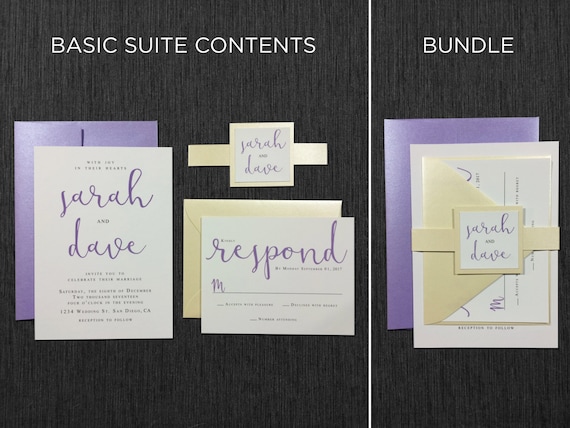 Script Calligraphy Ivory and Lavender Elegant Wedding Periwinkle Pocket Lilac Purple Purple and Champagne Shimmer Wedding Invitations