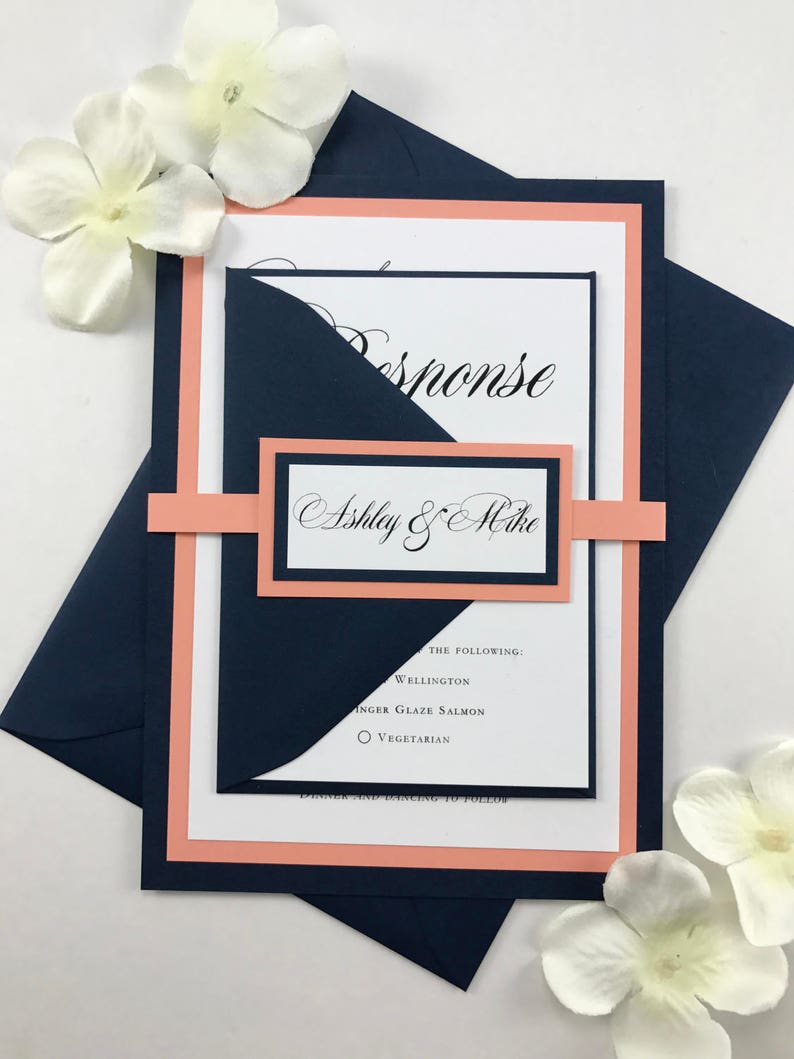 Elegant Blue and Coral Wedding Invitations for Timeless Elegance