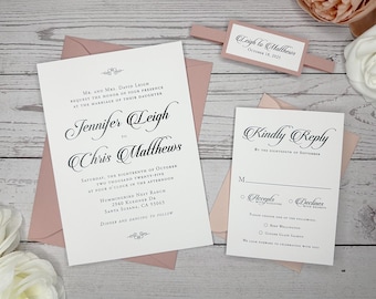 Dusty Rose Pink Wedding Invitations: Elegant Traditional Design