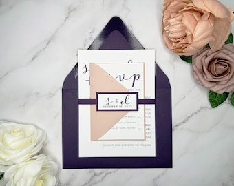Dusty Pink & Dark Purple Wedding Invitation Set: RSVP, Envelopes, Belly Band