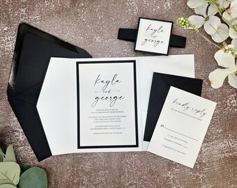 White Wedding Invitations: Black Accent Pocket Folder with RSVP