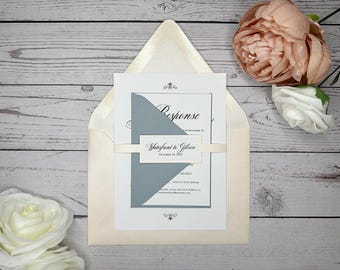 Slate Blue Wedding Invitations: Classic Champagne Ivory Set