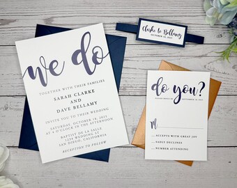Navy Blue & Copper Wedding Invitation Set: Modern QR RSVP