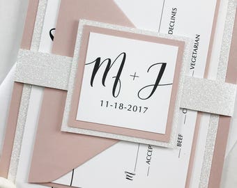 Elegant BLUSH PINK and White GLITTER Wedding Invitations, Classic Calligraphy Wedding Invites,  Mauve and White Glitter Wedding, Script Font