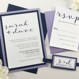 Navy and Lavender Wedding Invitations Modern Flowing Script Wedding invitations Elegant Calligraphy, Lilac and Navy Blue Belly Band Monogram