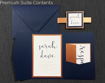 Elegant Navy Wedding Invitation Suite: Copper Calligraphy, Monogram
