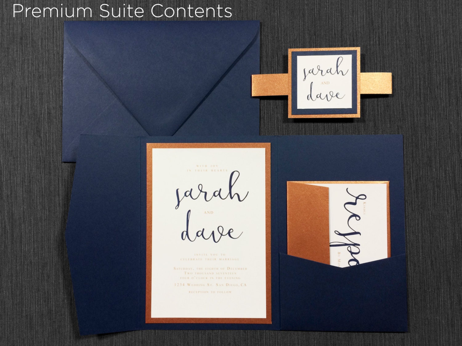 Copper Wedding Invitations Calligraphy Navy Wedding Copper Etsy