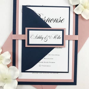 Navy Blue and Dusty Rose Pink Wedding Invites, Wedding Invitation Set in Dark Blue and Blush Pink Mauve, Full Bundle with Elegant Belly Band