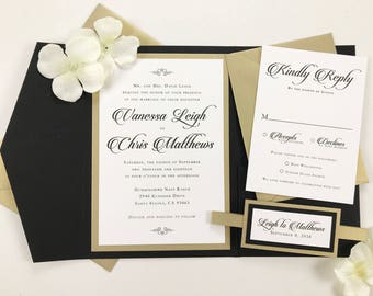 Wedding Invitations for the Classic Bride, Beautiful Elegant Black Pocket Folder and Gold Accents, Graceful Traditional calligraphy font