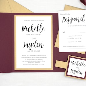 Gold and Burgundy Pocket Wedding Invitations, Beautiful Wine Crimson Red and a light pearlescent vegas gold, with RSVP, belly band, envelope