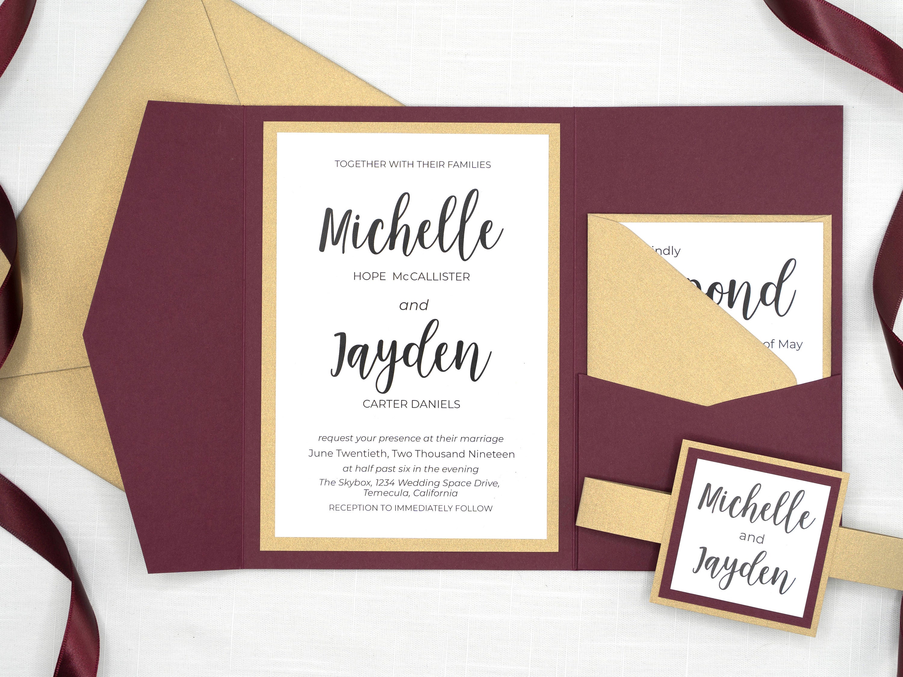 Pearlescent Wine Wallet Maroon Wedding Cards Shiny Burgundy Pocketfold Invites 
