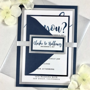 Modern Calligraphy Wedding Invitation Suite, Navy Blue and Silver Metallic Invitations, Beautiful Wedding Calligraphy flowing font, Elegant