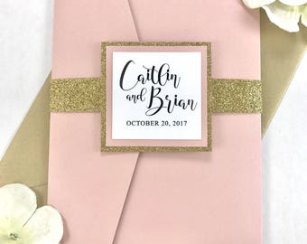 Beautiful Blush Pink and Gold Wedding Invitations, Modern Calligraphy Font, Unique GOLD GLITTER belly band and accents, Light Pink, Blush