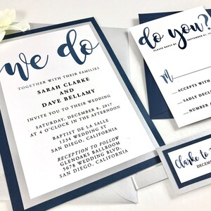 Flowing Font Calligraphy Wedding Invitation, Modern Bride Invitation, Silver Wedding and Navy Blue, Belly Band Bundle Wedding Suite Set