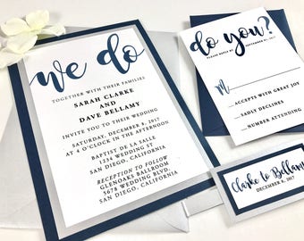 Calligraphy Wedding Invitation: Silver & Navy Blue Suite
