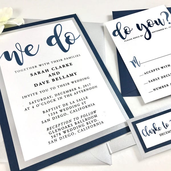 Calligraphy Wedding Invitation: Silver & Navy Blue Suite