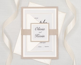 TAN and CREAM IVORY Wedding Invitation, Classic Elegant font for a traditional wedding, Full set invitation, rsvp, envelopes, and belly band