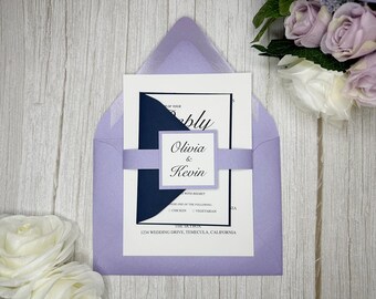 Lavender & Navy Wedding Invitation Suite: Elegant Script, QR Code RSVP