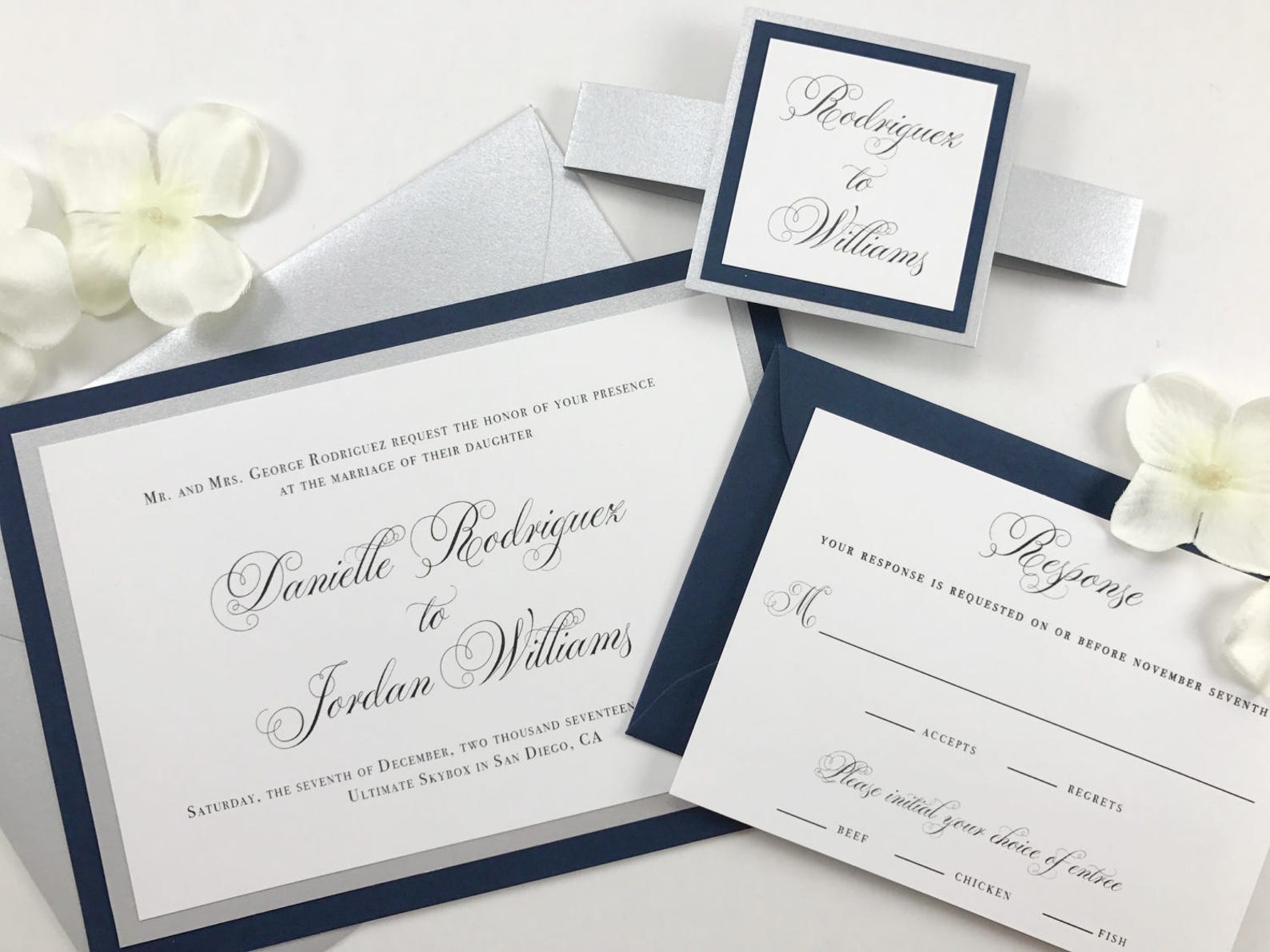 Complete Navy Wedding Invitation Set Navy and Silver Invites Etsy