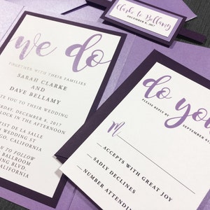 Fun Unique Purple Wedding Invitations, Eggplant Wedding, Lilac metallic, Orchid Purple, Lavender, Medallion Monogram, Belly Band, pocketfold