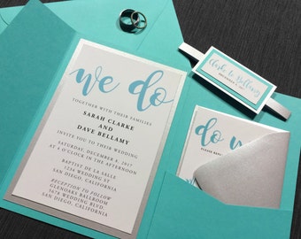 Aqua Blue and Silver Wedding Invitations, Teal Blue, Aqua, Turquoise Modern Invitations, Fun Invitations, Wedding Invites with Pocketfold