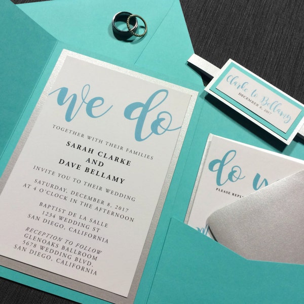 Aqua Blue and Silver Wedding Invitations, Teal Blue, Aqua, Turquoise Modern Invitations, Fun Invitations, Wedding Invites with Pocketfold