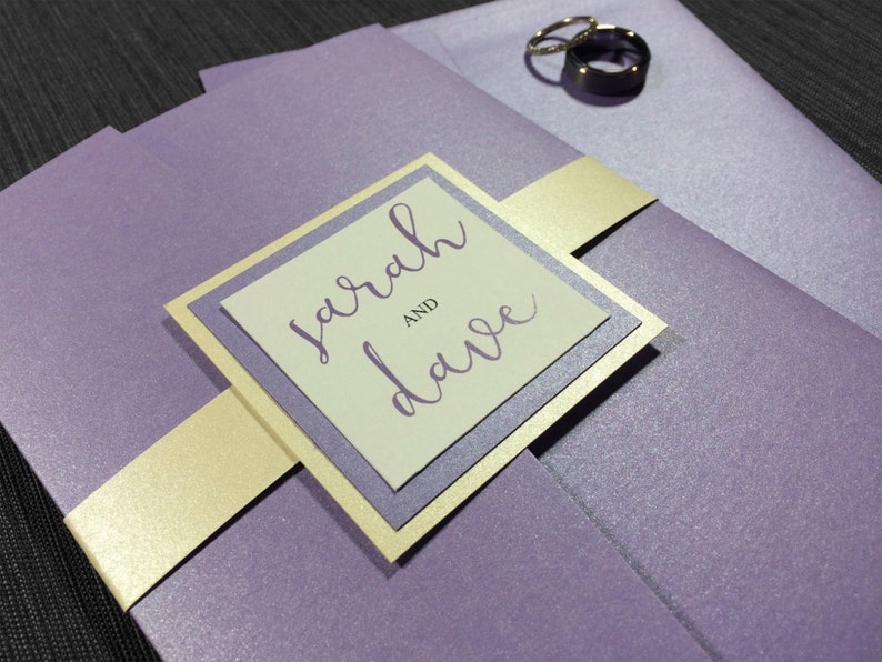 Script Calligraphy Ivory and Lavender Elegant Wedding Periwinkle Pocket Lilac Purple Purple and Champagne Shimmer Wedding Invitations