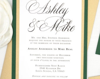 Emerald Green & Gold Wedding Invitations: Classic Traditional Design