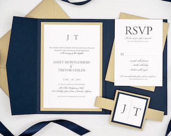 GOLD and NAVY BLUE wedding invitations, Classic Traditional Monogram Design with simple elegant script font, wedding invitation pocket set