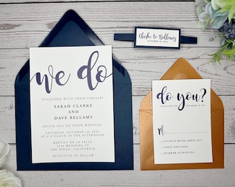 Navy Blue Wedding Invitations: Modern Copper Shimmer, QR Code RSVP