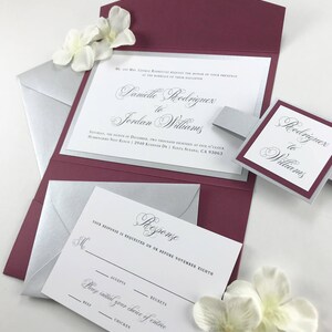 Pocket Invitations in Burgundy and Silver Pearlescent Metallic, Silver Belly Band and Burgundy Tag, Beautiful Traditional Calligraphy font