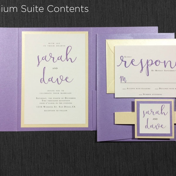 Lavender and Champagne Wedding Invitations, Elegant, Modern, Classic Wedding Invites with belly band, monogram, pocket fold, Ivory Shimmer