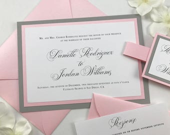 Baby Pink and Smoke Gray Wedding Invite Bundle, Romantic Calligraphy Wedding Invitation Suite with RSVP, Envelopes, and Belly Band and tag