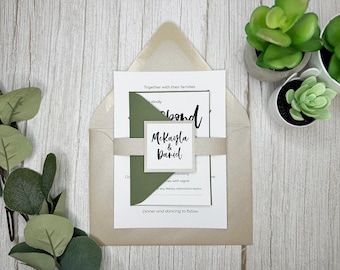 Sage Green Wedding Invitations: Beige Shimmer, Modern Minimalist Design