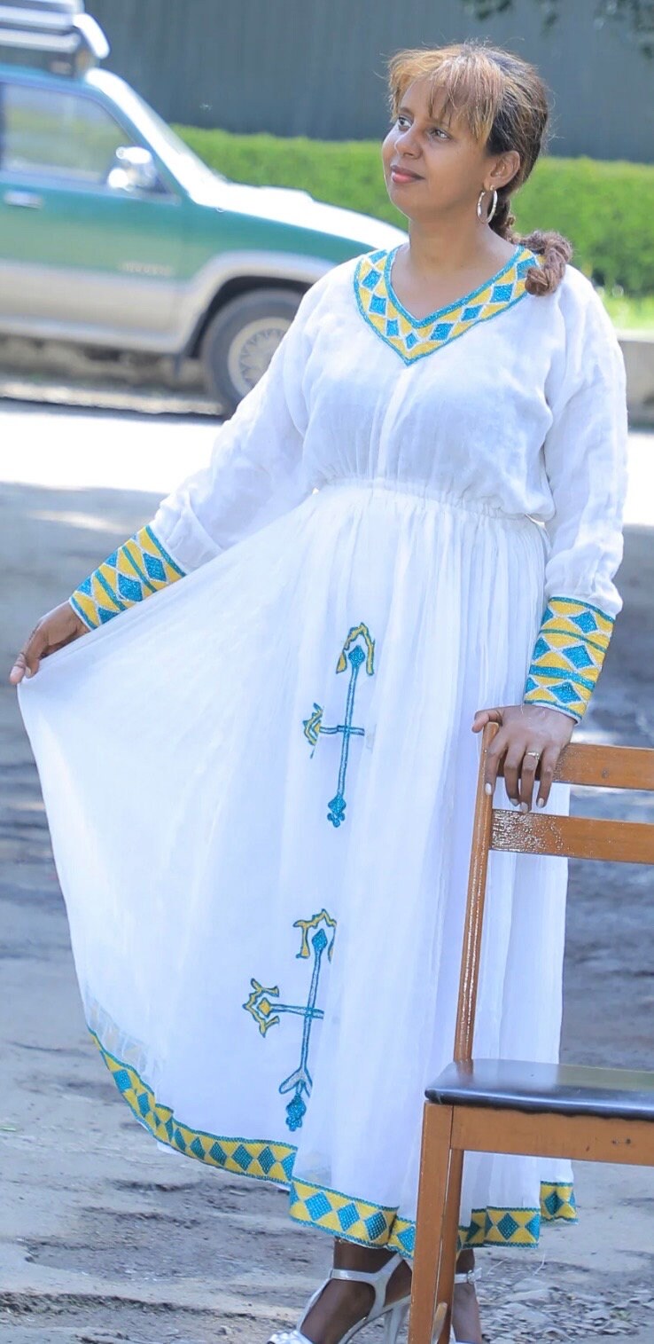 Cool White & dark green Modern Habesha Dress with Fresh Style